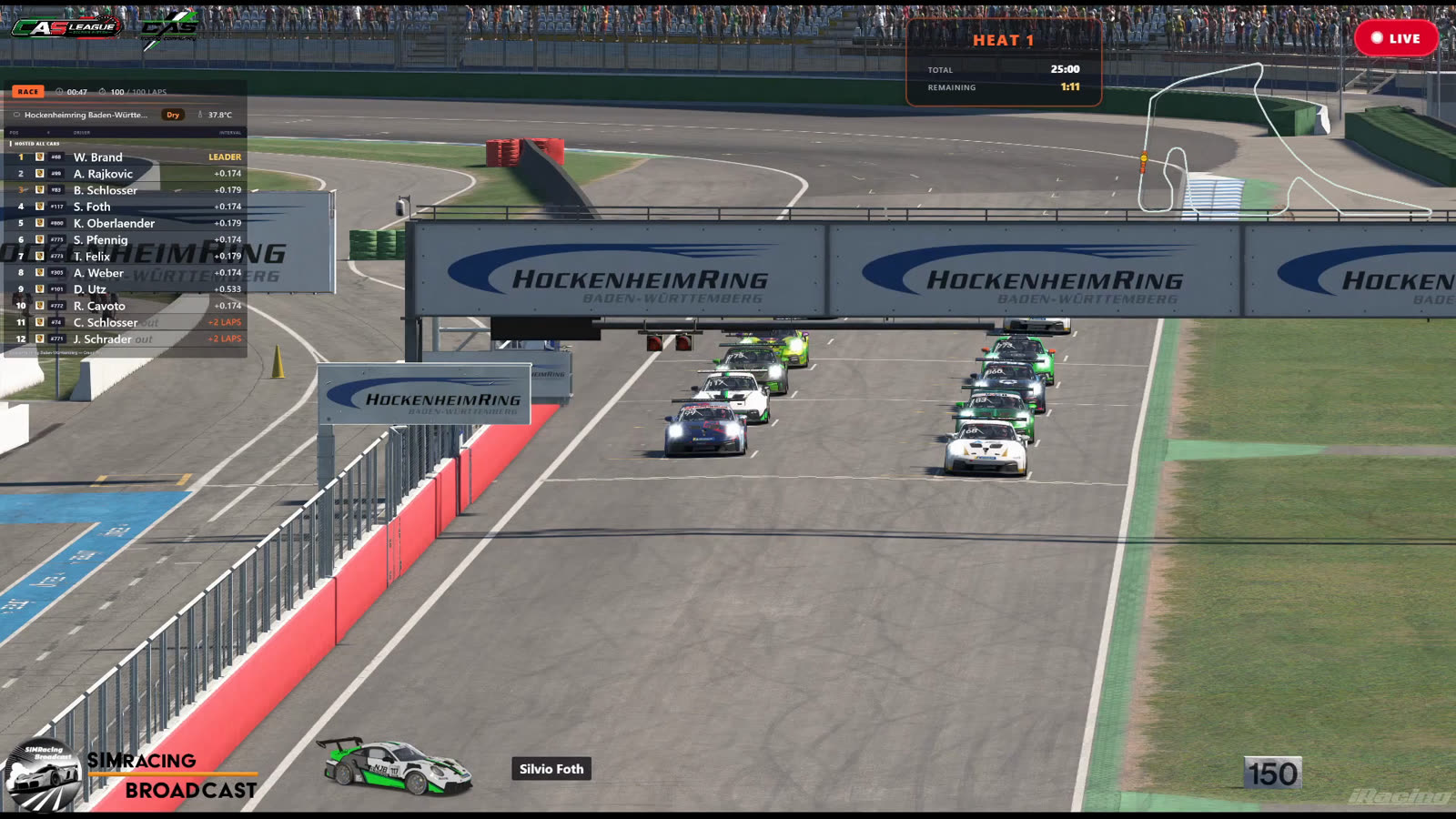 The CAS Porsche Community Cup broadcast at Hockenheim rendered with the iRacing Overlays suite: live standings, offline track map, session timer and LIVE badge composited in OBS