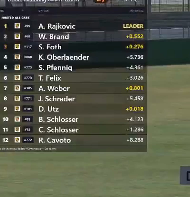 Live-Standings-Overlay mit dem Porsche-Cup-Feld, Spitzenreiter, Abst&auml;nden und Intervallen