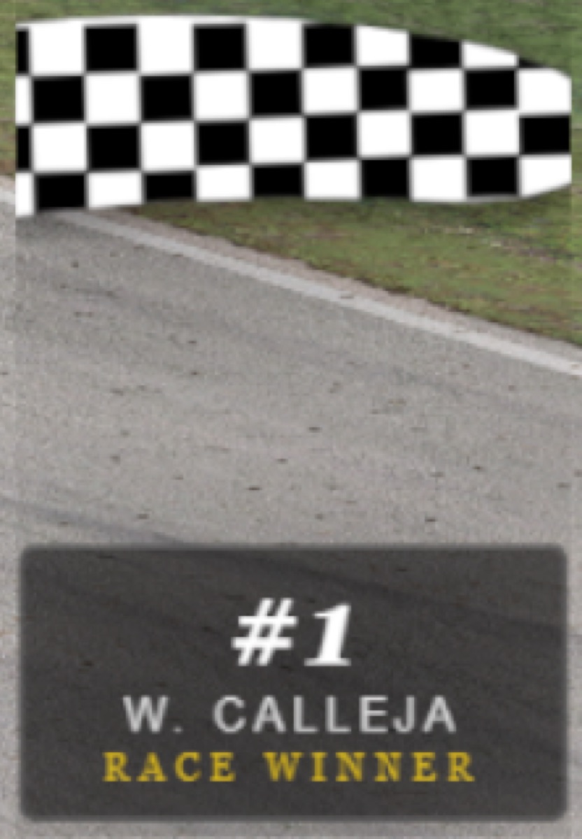 Checkered flag overlay with a car-number nameplate reading RACE WINNER