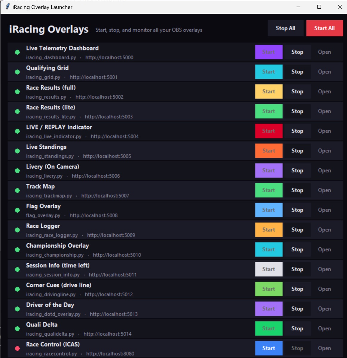 Die Desktop-App iRacing Overlay Launcher mit Status-Punkt, Start/Stopp pro Overlay und Start-All-/Stop-All-Steuerung