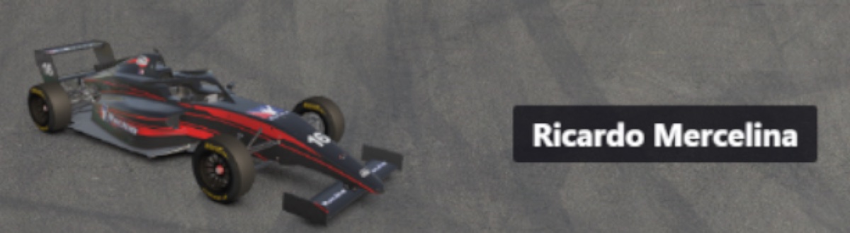 On-camera livery overlay showing a 3D-rendered car and the driver name of whoever is currently on screen