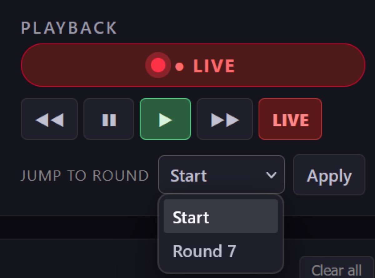 The dashboard playback panel: a LIVE indicator with rewind, pause, play and fast-forward transport controls and a Jump-to-Round selector