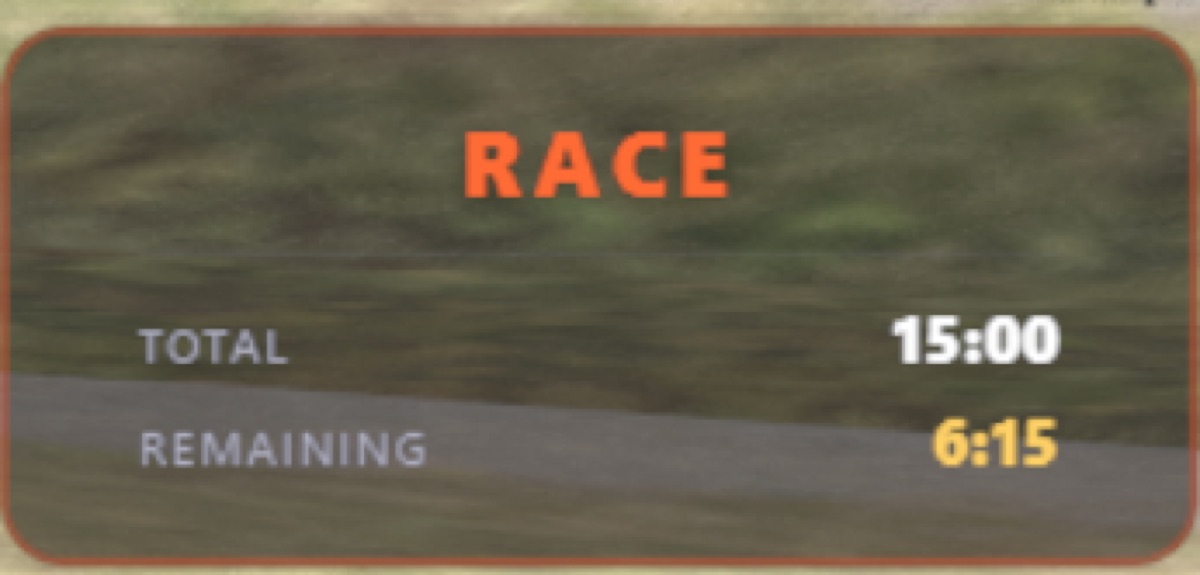 Session info overlay showing the session name RACE with total and remaining time