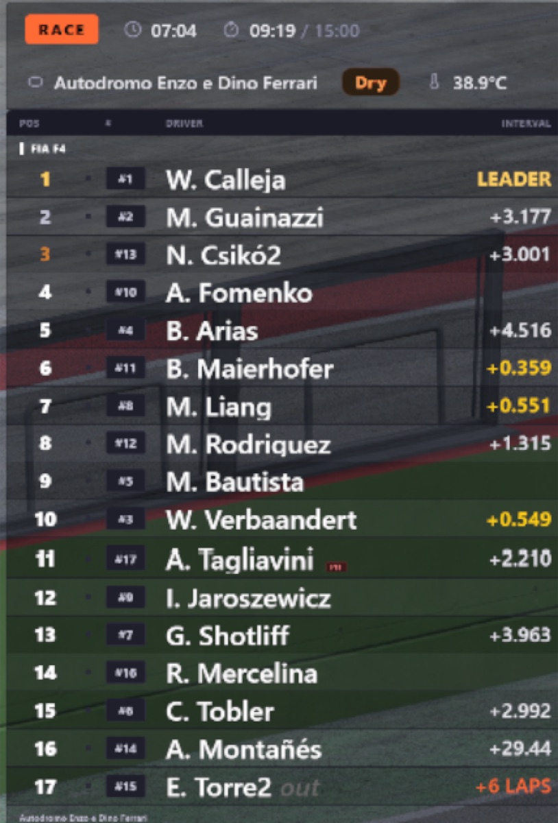 Live standings tower listing the field with position, driver, gap and pit information, plus manufacturer logos and a session-info bar
