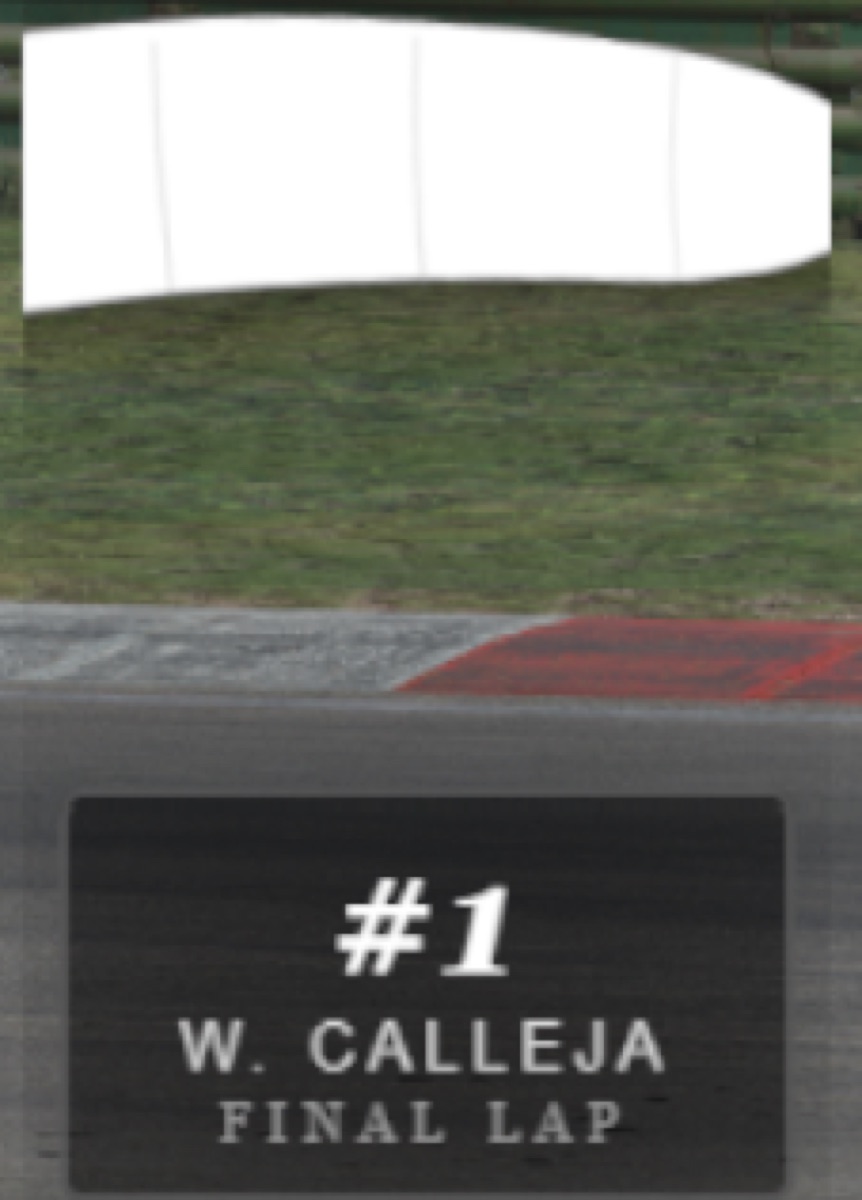 White flag overlay with a car-number nameplate reading FINAL LAP