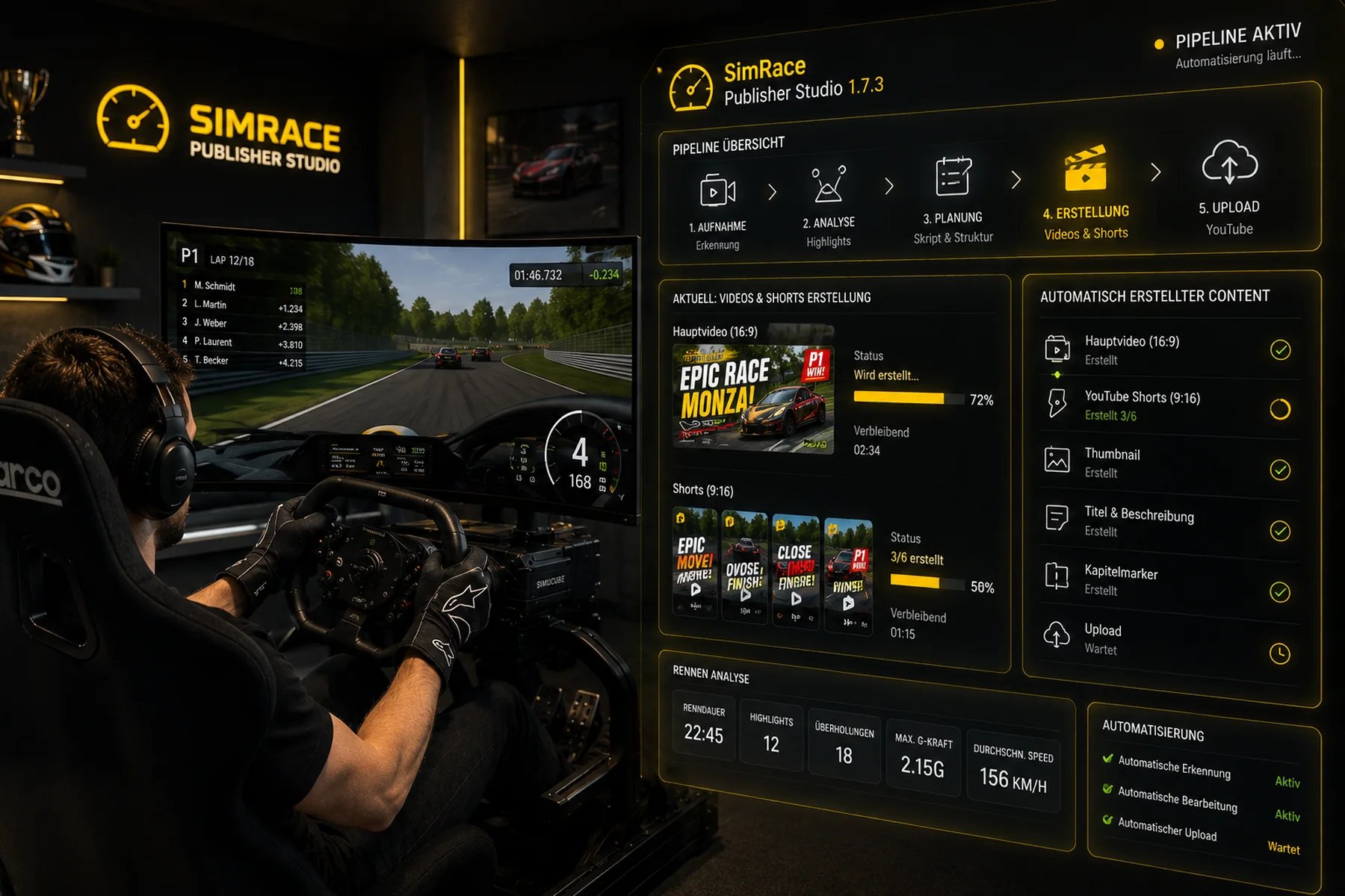SimRace Publisher Studio: ein Sim-Racer am Steuer neben dem App-Dashboard mit der Pipeline aus Aufnahme, Analyse, Planung, Erstellung und Upload